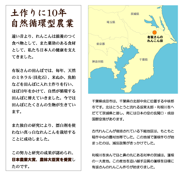 遠い昔より、れんこんは滋養のつく食べ物として、また薬効のある食材として、私たち日本人の健康を支えてきました。有坂さんの田んぼでは、毎年、天然のミネラル(貝化石)、米ぬか、魚粕などを田んぼに入れ土作りを行い、ほぼ10年をかけて、自然が循環する田んぼに替えていきました。今では田んぼにたくさんの生物が生きています。また独自の研究により、漂白剤を使わない真っ白なれんこんを栽培することに成功しました。この努力と研究の成果が認められ、日本農業大賞、農林大臣賞を受賞したのです。